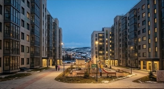Жилой комплекс в Мурманске - вид в сумерках с тёплым светом в окнах