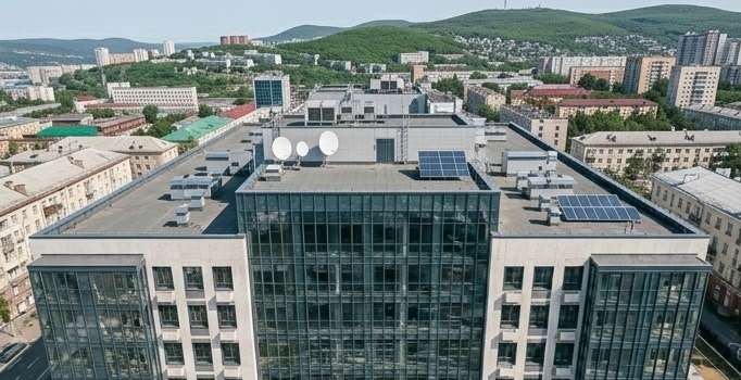 Бизнес-центр Арктика - стеклянный фасад в солнечный осенний день