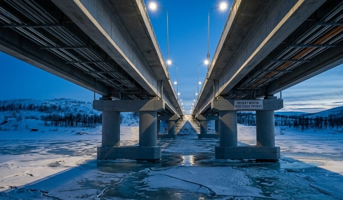Мост через реку Кола - вид с дрона в сумерках